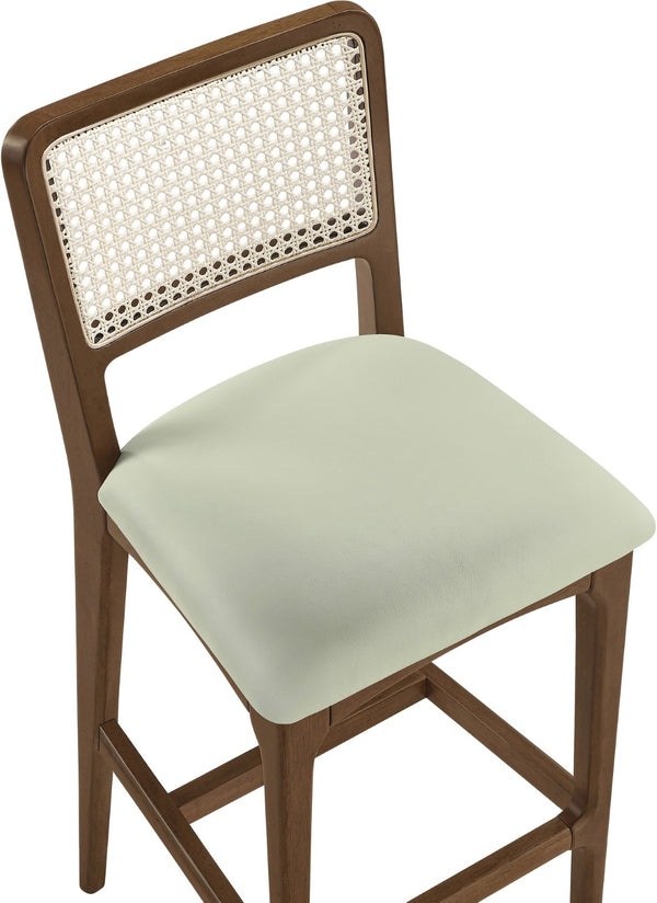 Meridian Furniture Atrium Art Deco Cane Back Bar Stool with Vegan Leather Seat and Cerused Wood Frame Mint Bar Height 77093Mint-C