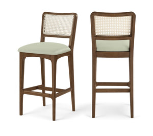 Meridian Furniture Atrium Art Deco Cane Back Bar Stool with Vegan Leather Seat and Cerused Wood Frame Mint Bar Height 77093Mint-C