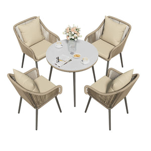 English Elm 5-piece Outdoor Wicker Patio Dining Set with Tempered Glass Table and Umbrella Hole Beige+Brown B082S00074