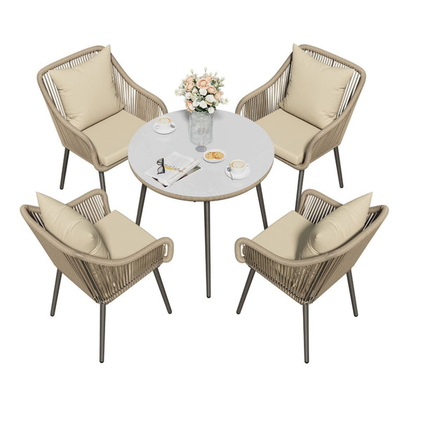 English Elm 5-piece Outdoor Wicker Patio Dining Set with Tempered Glass Table and Umbrella Hole Beige+Brown B082S00074