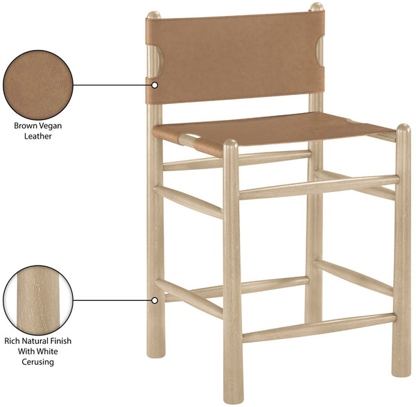 Meridian Furniture Santos Vegan Leather Counter Stool with Cerused Wood Frame for Kitchen Islands 77096Brown-C