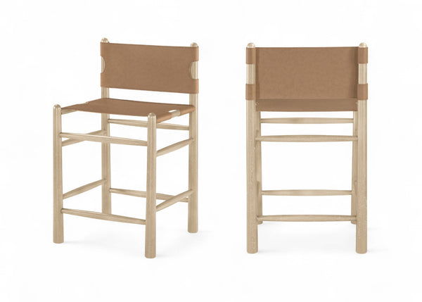 Meridian Furniture Santos Vegan Leather Counter Stool with Cerused Wood Frame for Kitchen Islands 77096Brown-C