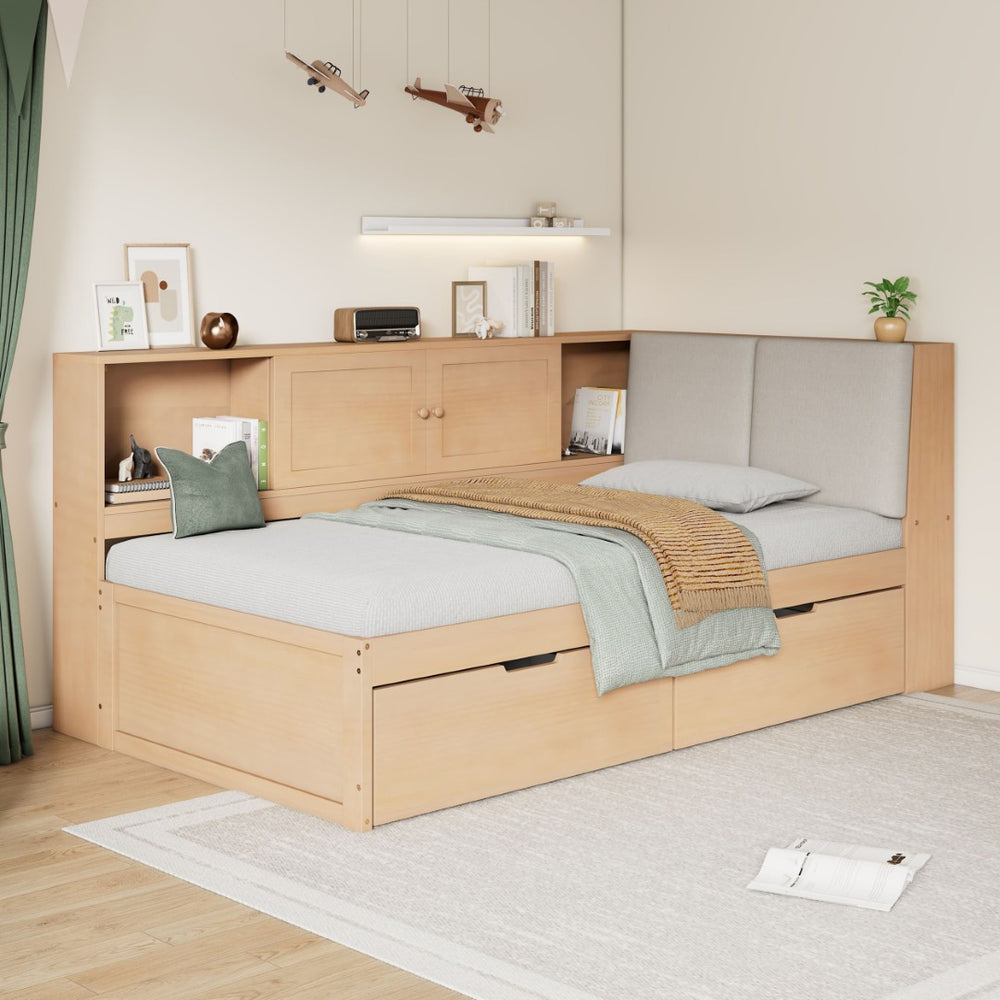 English Elm Wooden Twin L-shaped Corner Bed Pine Frame Bookcase Storage Usb Charging Ports BS701P337660N