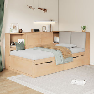 English Elm Wooden Twin L-shaped Corner Bed Pine Frame Bookcase Storage Usb Charging Ports BS701P337660N