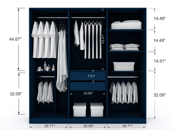 English Elm Gramercy 82" Wardrobe Organizer with Soft-Close Doors, Aluminum Rods, Shelves & Center Drawers Dark Blue B365S00002