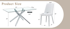English Elm Table Set - Modern Luxurious Transparent Glass Dining Table With 4 White Pu Chairs & Silver Legs W1151S04192-GIGA