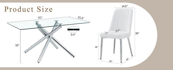 English Elm Table Set - Modern Luxurious Transparent Glass Dining Table With 4 White Pu Chairs & Silver Legs W1151S04192-GIGA