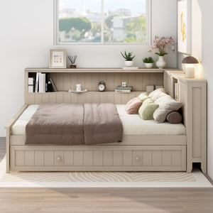 English Elm Full Full Size Wood Daybed with Trundle, Antique White Milk Finish, Built-In Storage Shelves & Charming Design N7090002225K