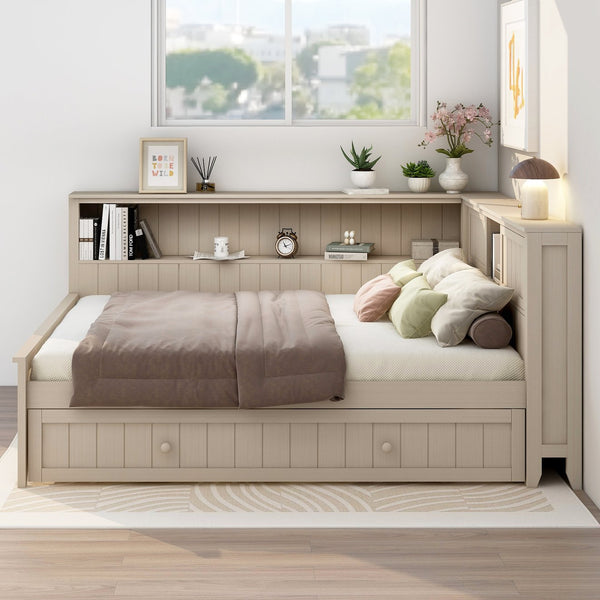 English Elm Full Full Size Wood Daybed with Trundle, Antique White Milk Finish, Built-In Storage Shelves & Charming Design N7090002225K
