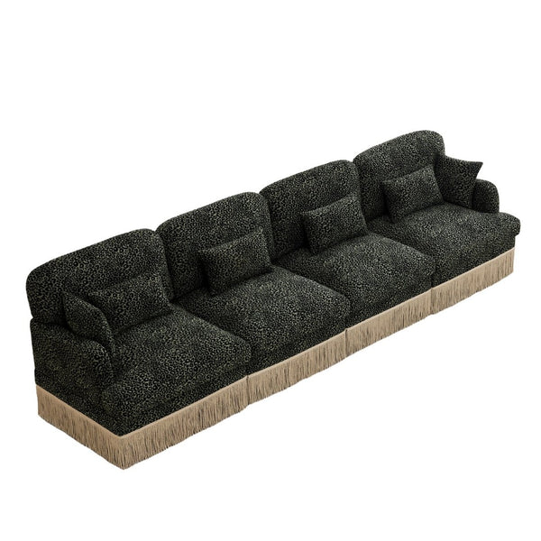 English Elm 131" Chenille Leopard Sectional Sofa Modular 4 Seat Deep Cushion Tassel Trim Green W5656S00034
