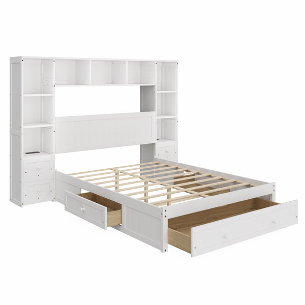 English Elm Full Full Size Pine Platform Bed with 3 Drawers, Built-In Cabinets, 2 Charging Stations & Storage Shelf Frame BS701P286280K