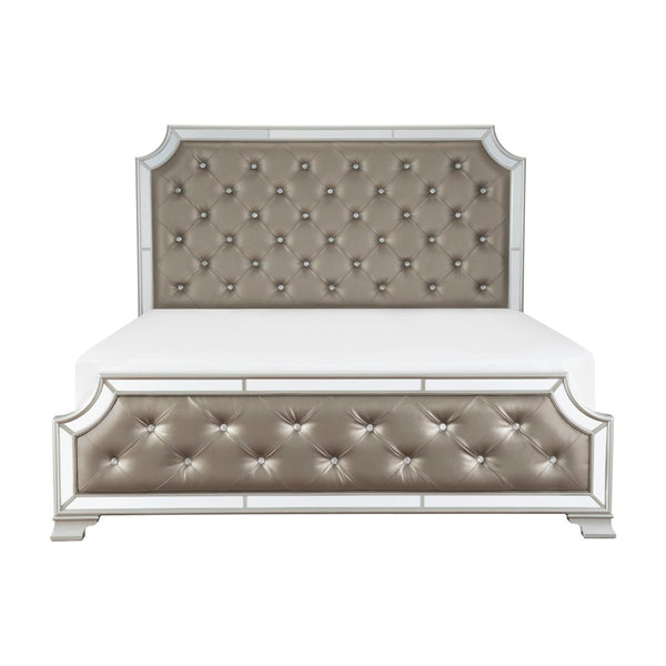 English Elm Silver Frame Queen Bed Crystal Button Tufted Headboard with Mirror Accent Glam B011S02485