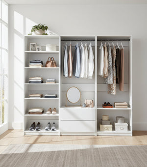 English Elm Prosper White Freestanding Walk-In Wood Closet System — Modular Oak Finish, Durable Melamine, Easy Assembly B040S00146