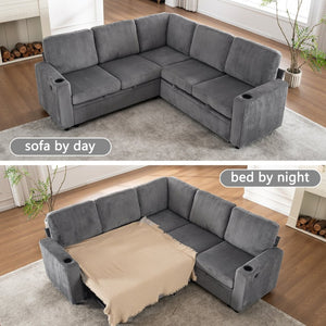 English Elm Sectional Corduroy Sleeper Sofa with Storage and Charging Ports for Small Spaces Grey W1361S00077