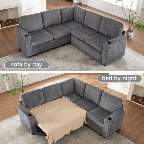 English Elm Sectional Corduroy Sleeper Sofa with Storage and Charging Ports for Small Spaces Grey W1361S00077