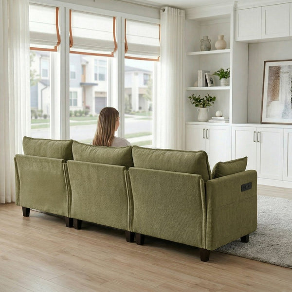 English Elm Modern Chenille Three Seat Sofa with Ottoman Usb Charging Ports and Storage Pockets Green W2519S00005