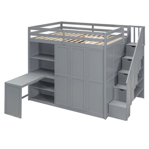 English Elm Full Size Loft Bed with Built-in Desk Wardrobe and Shelves for Teen Bedroom LT100679AEE