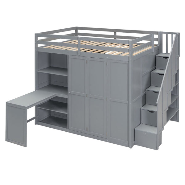 English Elm Full Size Loft Bed with Built-in Desk Wardrobe and Shelves for Teen Bedroom LT100679AEE