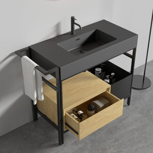 English Elm FORTE 36" Industrial Modular Bathroom Vanity with Durable Metal Frame, Quartz Basin, Soft-Close Drawer Black,Oak W1865S00175