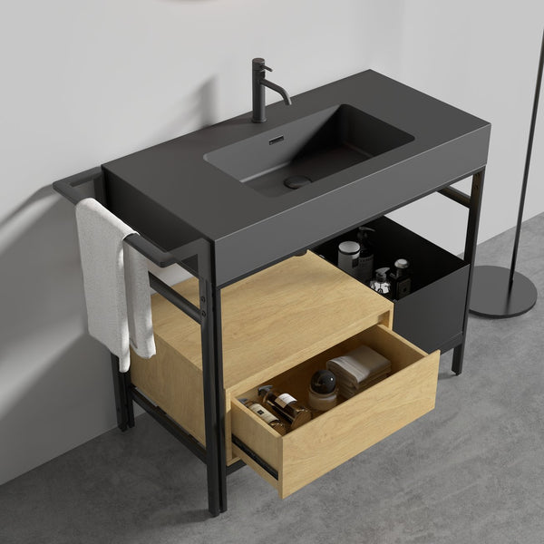 English Elm FORTE 36" Industrial Modular Bathroom Vanity with Durable Metal Frame, Quartz Basin, Soft-Close Drawer Black,Oak W1865S00175