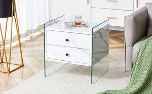 English Elm Double-drawer modern bedside table with MDF surface, tempered glass sides, elegant storage design W1151P191734