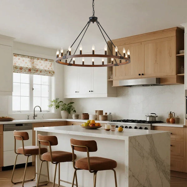 English Elm 39.3 Inch Wood Wagon Wheel Chandelier with Seeded Glass Shades 20-light Farmhouse W5008P464781
