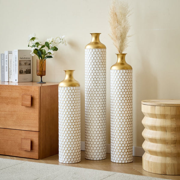 English Elm Floor Elegant 3-Piece Metal Vase Set - Modern Droplet Style In White And Gold For Stunning Decor W2796P290480