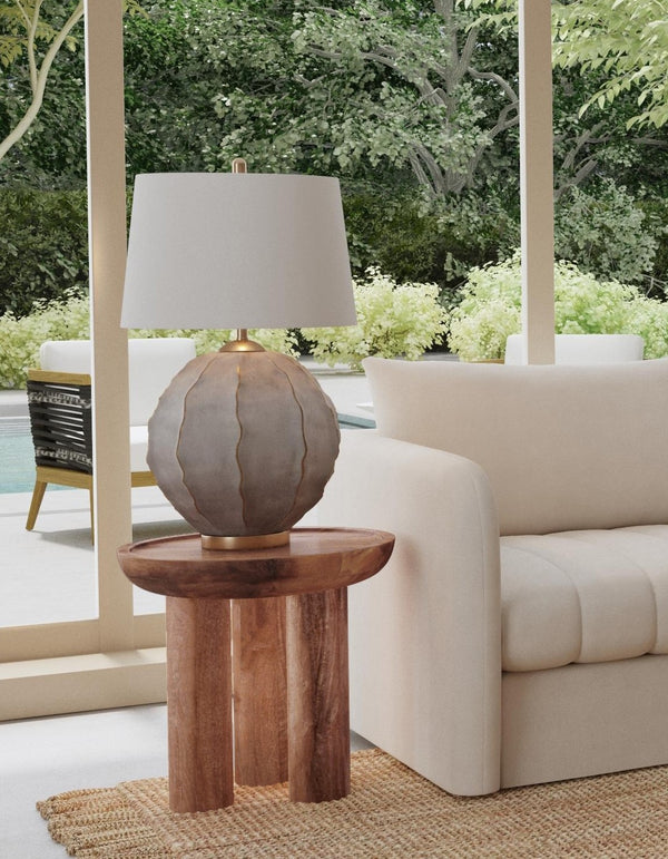 Basset Mirror Blair Round End Table - Modern Boho Charm With Unique Drum Design, Sandblasted Mango Wood Finish Brown Solid Mango 7711-220b-t