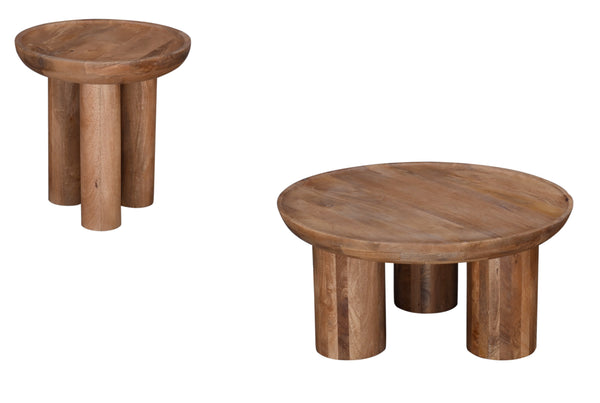 Basset Mirror Blair Round End Table - Modern Boho Charm With Unique Drum Design, Sandblasted Mango Wood Finish Brown Solid Mango 7711-220b-t