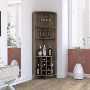 English Elm Corner Bar Cabinet with Ten Built-In Wine Slots, Cup Rack & Spacious Top Shelf for Entertaining Brown 75.2 L x 24.02 W x 3.15 H B097S00148