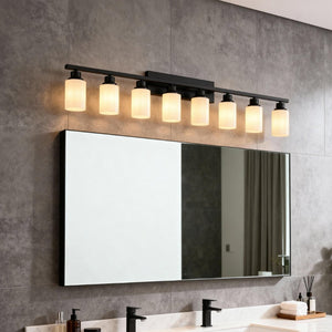 English Elm Wall Vanity Light Eight Bulb Matte Black Metal Glass Shade Modern Bathroom Fixture W5008P389870