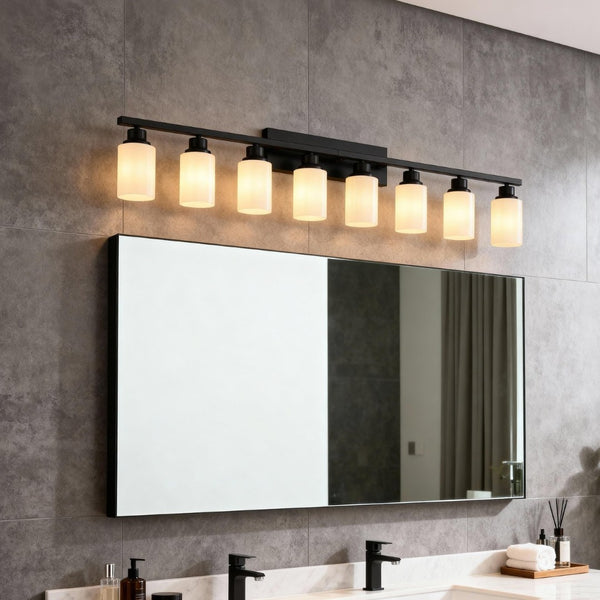 English Elm Wall Vanity Light Eight Bulb Matte Black Metal Glass Shade Modern Bathroom Fixture W5008P389870
