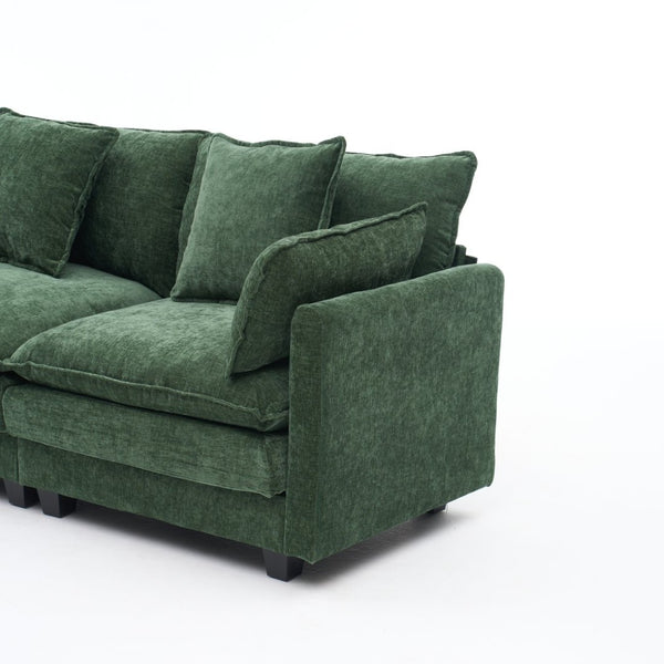 English Elm Beige Chenille Sectional Sofa with Modular Ottoman for Living Room or Studio Dark Green W2603S00004