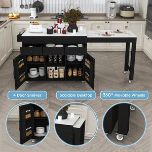 English Elm 74.8" Rolling Kitchen Island Extendable Marble Veneer Top with Power Outlet and Storage W2700S00106