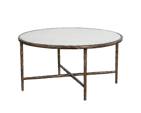 Sunpan RIYAZ Coffee Table - Elegant White Marble & Hand-Hammered Metal, Versatile Contemporary Centerpiece 112484