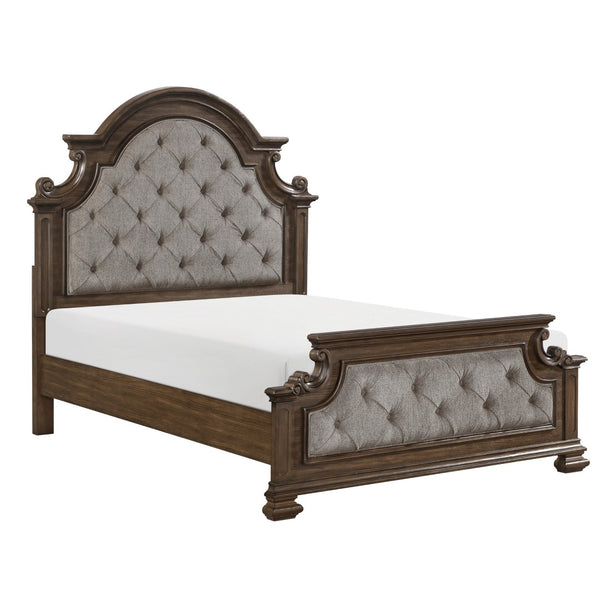 English Elm Traditional Queen Bed Gray Chenille Arched Tufted Headboard Oak Walnut Bedroom B011S02507