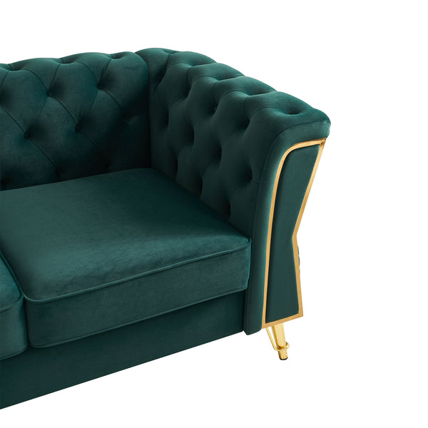 English Elm Modern Tufted Velvet Sofa 87.4" Green — Mid-Century Chesterfield Charm, Gold Accents, Plush Comfort W579P330003