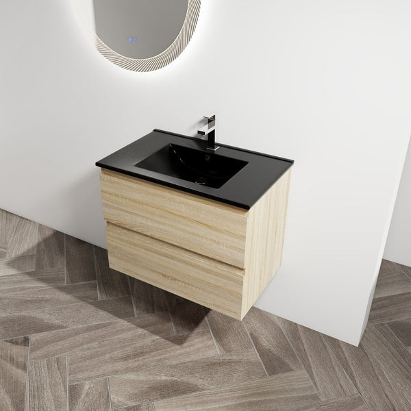 English Elm 30" Wall-Mounted Bathroom Vanity With Black Sink, Soft-Close Drawers, Modern Space-Saving Design W999S00194