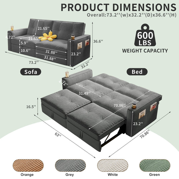 English Elm SOMNUS Convertible Sofa Bed with Corduroy Upholstery, Space-Saving 2-in-1 Design, Durable Steel Frame Grey W3820S00013