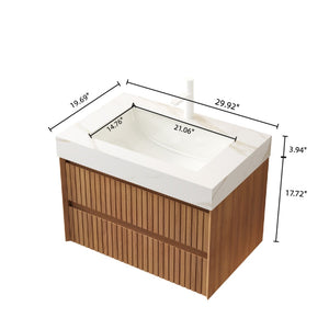 English Elm Tilley 30" Wall-Mounted Bathroom Vanity With Calacatta Gold Top, Soft-Close Drawers, Brown Oak Finish W2615S00314-GIGA