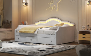 English Elm Full Size Upholstered Daybed With Led Accent, 2 Storage Drawers, Velvet Finish In Elegant Beige N7500001852A