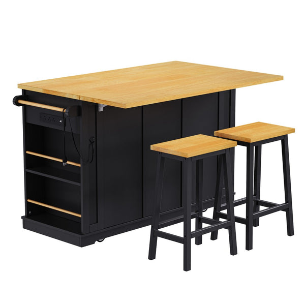 English Elm K&k 53 Inch Kitchen Island Set with Bar Stools Power Outlet Drop Leaf and Storage Black N707S003007B