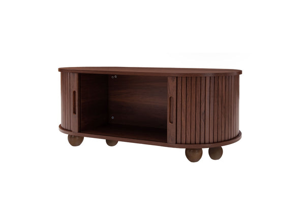 English Elm Coffee Table with Sliding Door Storage Dark Walnut Low Profile Modern Living Room W688P339193