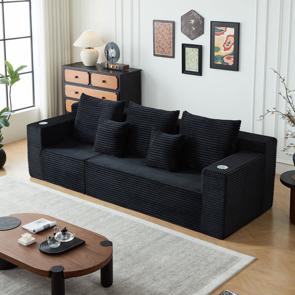 English Elm Deep Modular Cloud Couch In Soft Black Corduroy With Built-In Cup Holders - No Assembly Needed! W848S00049