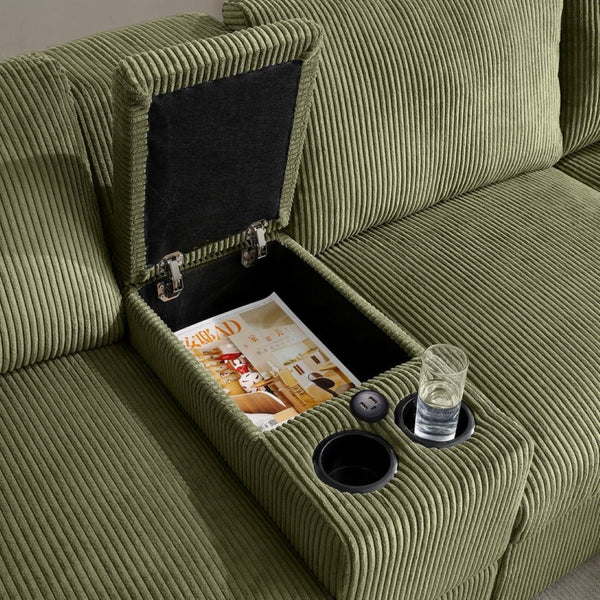 English Elm U Shaped Oversized Sectional Sofa with Double Chaise Console Cup Holders and Usb Port Green W1117S00266