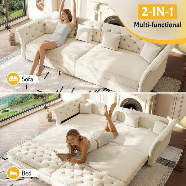 English Elm 100" Oversized Velvet Sleeper Sofa with Floral Tufted Cushions for Living Room Beige+White W1885S00301