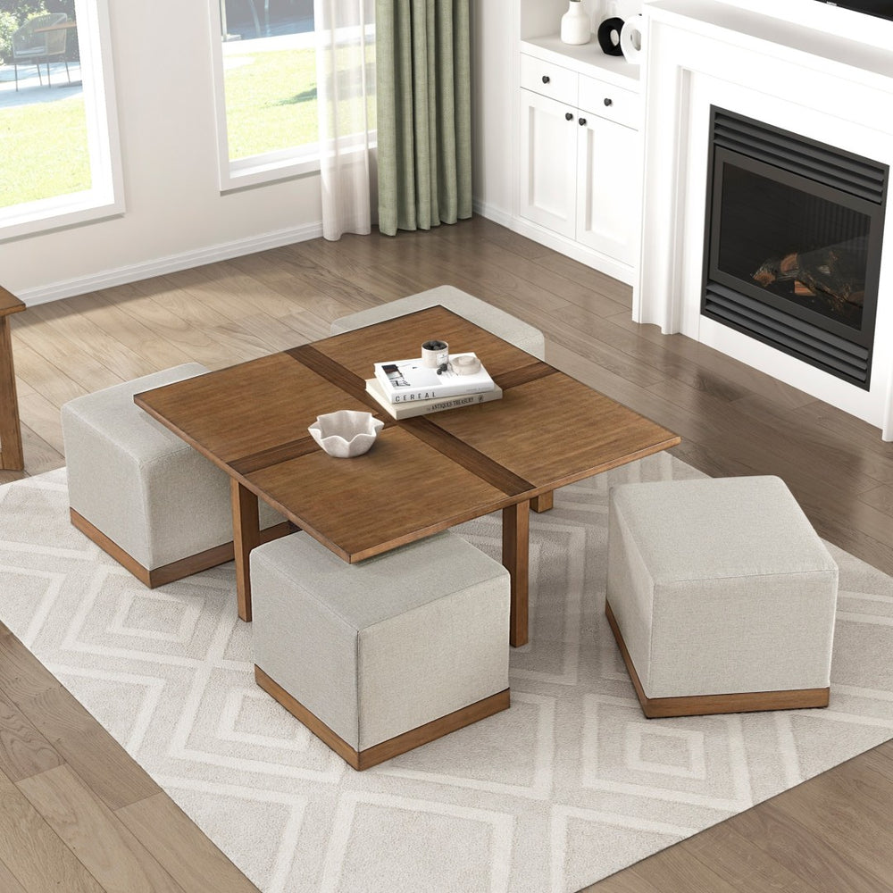 English Elm Contemporary Square Coffee Table with Four Hidden Upholstered Stools Walnut Veneer Inlay B011P459315