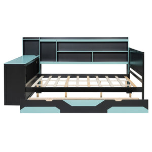 English Elm Queen Gaming Bed Frame with Desk Led Lighting Storage Drawers and Bookcase Headboard Black+Blue LP000290AAC