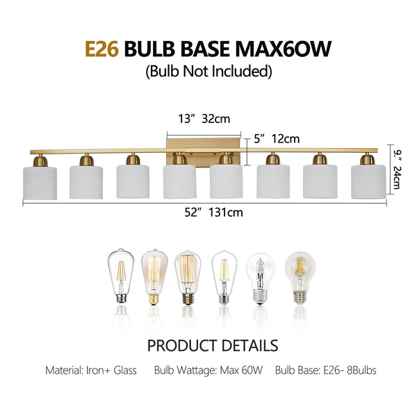 English Elm 52inch Gold Modern Vanity Light Bar with Milky White Glass Shades, 8-Light E26 Wall Sconce for Bath Dressing Room W2312P374859