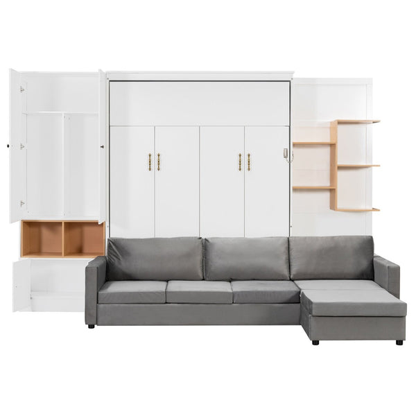 English Elm Queen Murphy Wall Bed with Velvet Sofa Built in Shelves Cabinets and Reading Lights White LP000393AAK